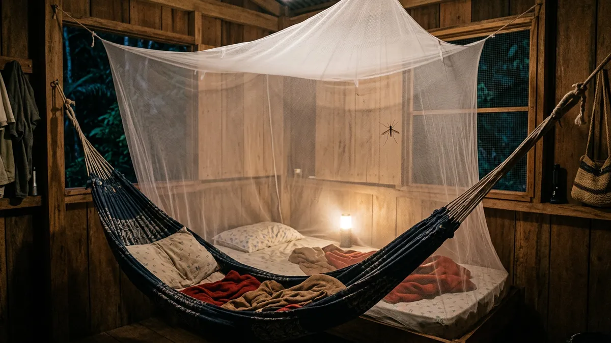 Mosquiteiro com abertura de 1 milímetro pode deixar carapanã passar e a vedação nas bordas protege a noite no Pará Mosquiteiro com abertura de 1 milímetro pode deixar carapanã passar e a vedação nas bordas protege a noite no Pará