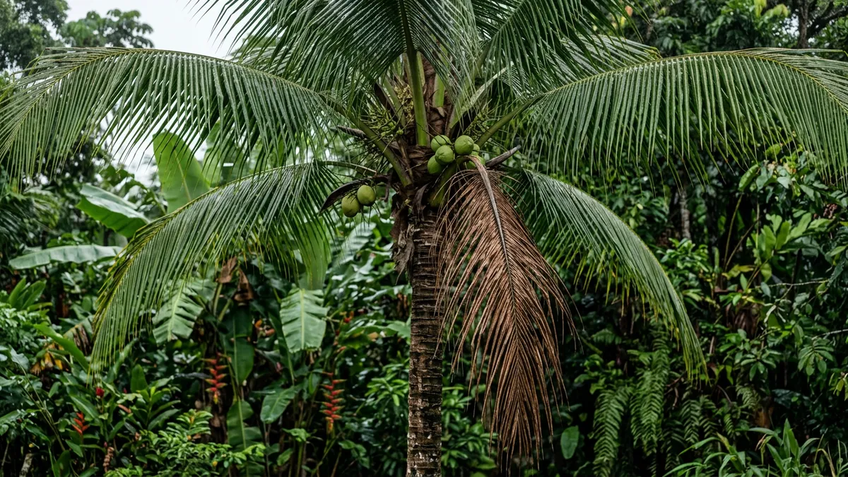 Coqueiro com 1 folha seca pede poda seletiva porque as verdes alimentam o cacho e a retirada excessiva pode reduzir a produção Coqueiro com 1 folha seca pede poda seletiva porque as verdes alimentam o cacho e a retirada excessiva pode reduzir a produção