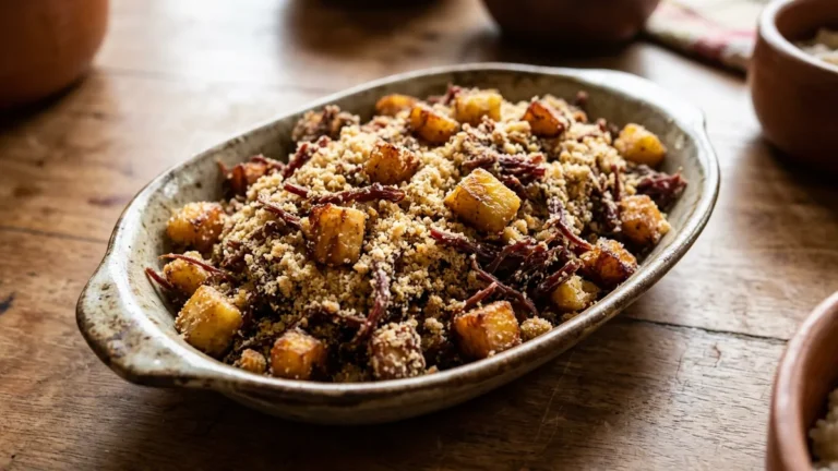 Farofa de charque com banana sem embolar, ordem dos ingredientes e fogo