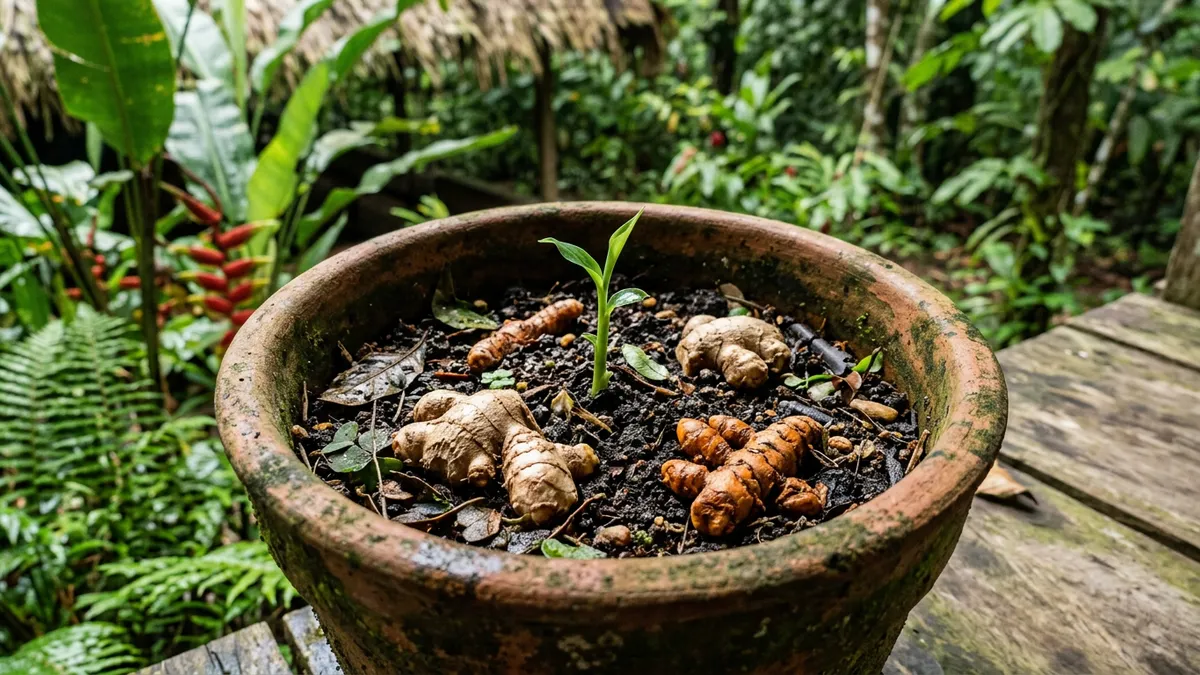 Gengibre e açafrão-da-terra no vaso como plantar pelo rizoma Gengibre e açafrão-da-terra no vaso como plantar pelo rizoma
