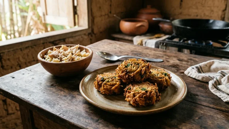 Bolinho de peixe com sobra de pirarucu ou filhote que não desmancha