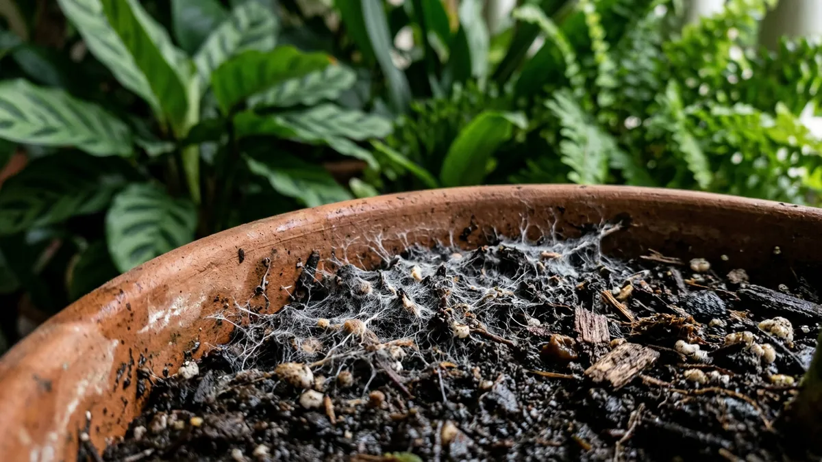 Fungo branco na terra do vaso é micélio e nem sempre exige troca Fungo branco na terra do vaso é micélio e nem sempre exige troca