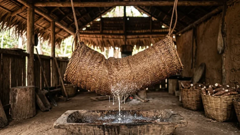 Como funciona o tipiti que espreme a massa de mandioca na casa de farinha