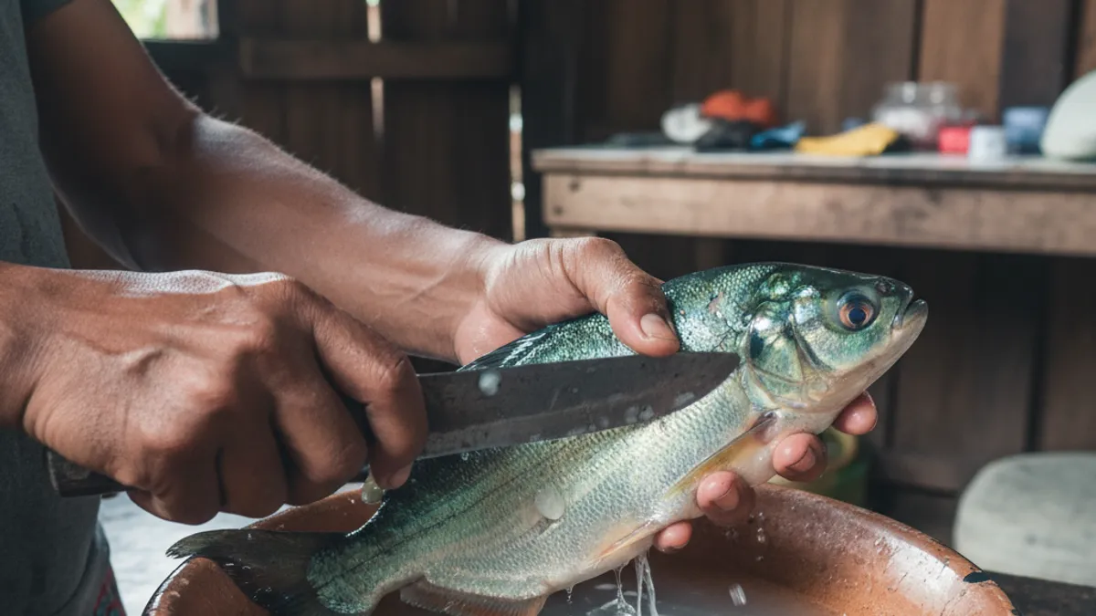 Como tirar escama de peixe sem espalhar pela cozinha usando bacia Como tirar escama de peixe sem espalhar pela cozinha usando bacia