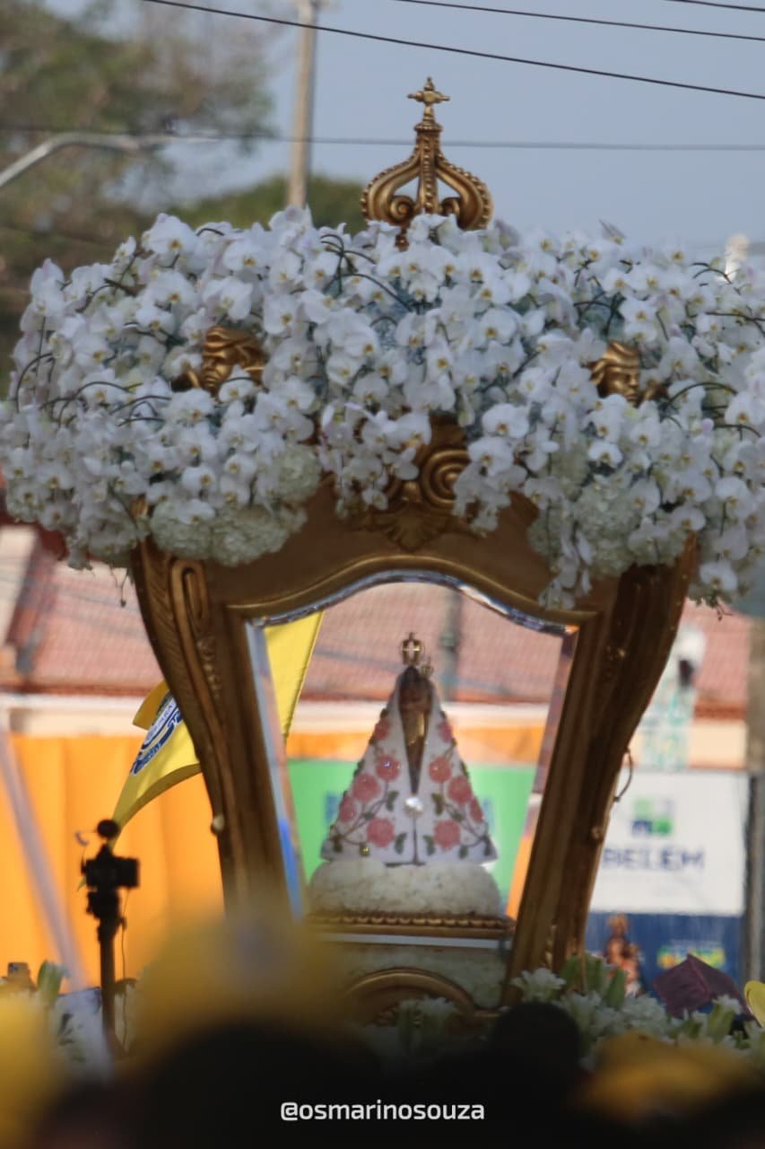 Berlinda dourada coberta de orquídeas brancas com a Imagem Peregrina ao centro