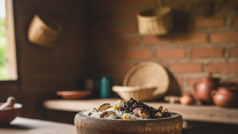 Pilão de madeira na cozinha do interior e seus usos tradicionais