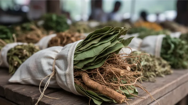 Patchouli na perfumaria paraense com raízes secas em sachês