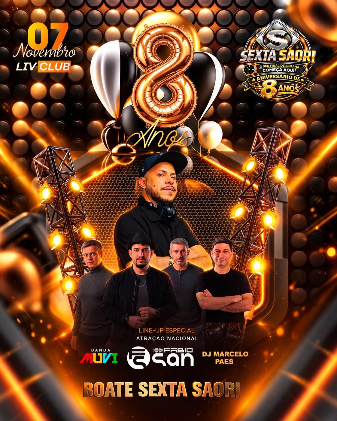 Sexta Saori comemora 8 anos com DJ Fábio San, Banda Muvi e Marcelo Paes no Liv Club